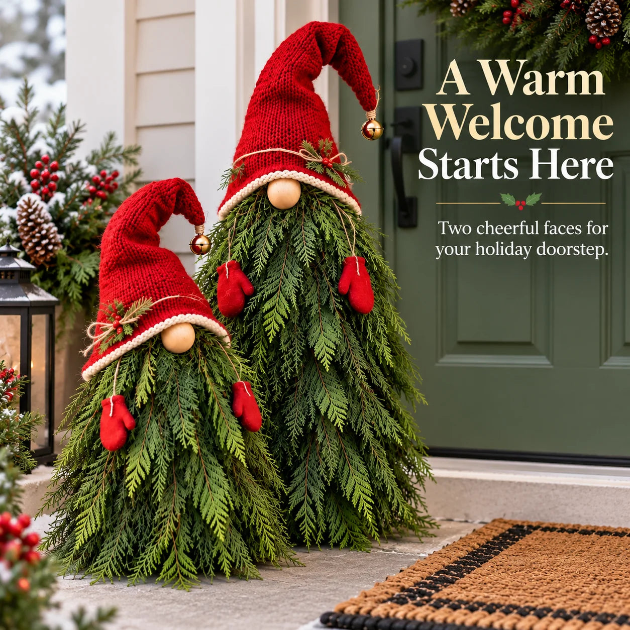 A Warm Welcome Starts Here — Christmas evergreen gnome decoration