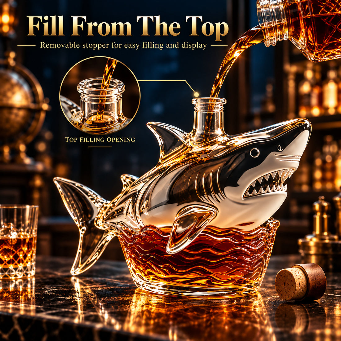 Amber liquid being poured through the top opening of the shark decanter