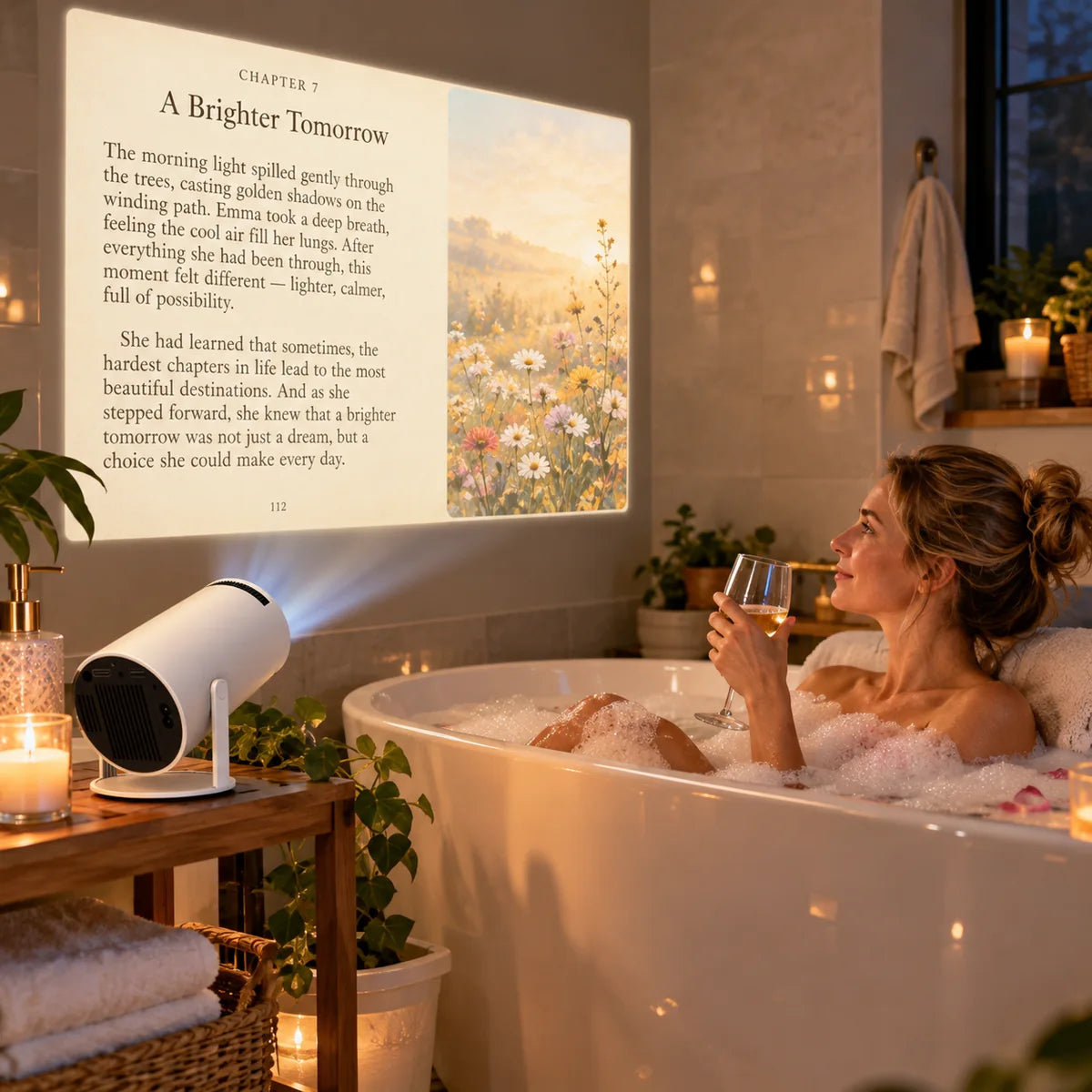 Lifestyle concept of large-format projected book reading