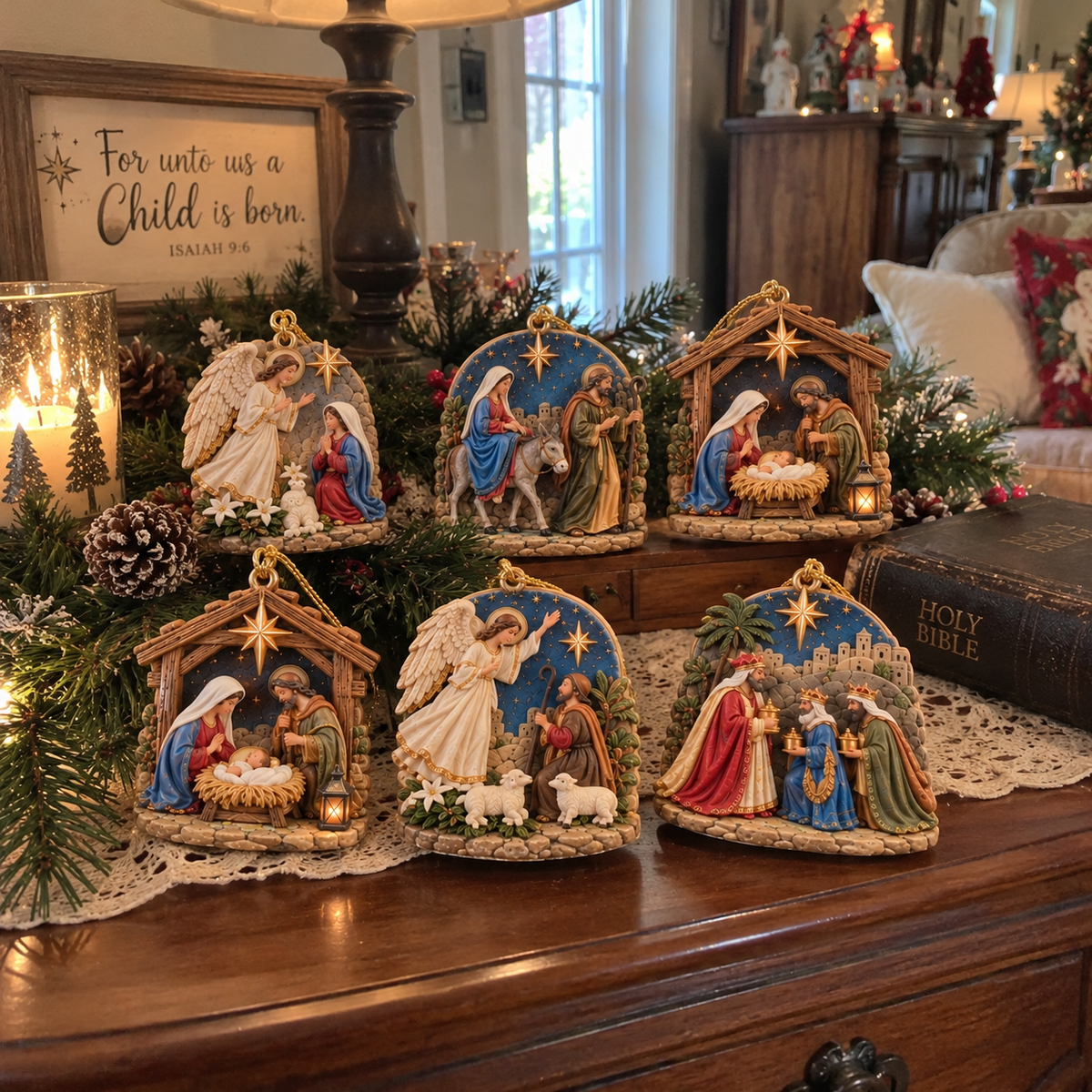Four Nativity ornaments styled across a fireplace mantel