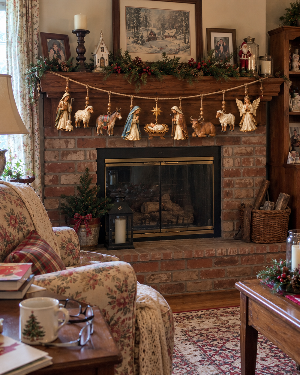Nativity garland styled in a cozy Christmas living room