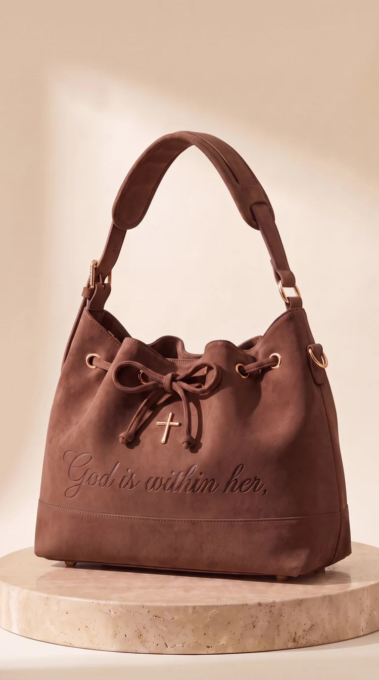Full front view of the vintage brown bag