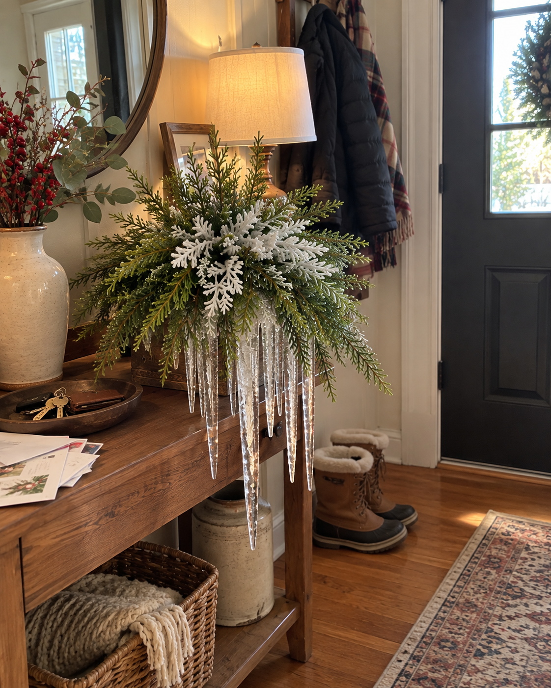 Snowy evergreen with dangling icicles on a hallway entry console