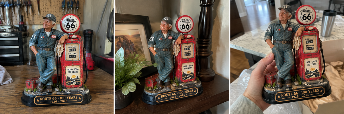 Three lifestyle examples of the figurine on different household surfaces