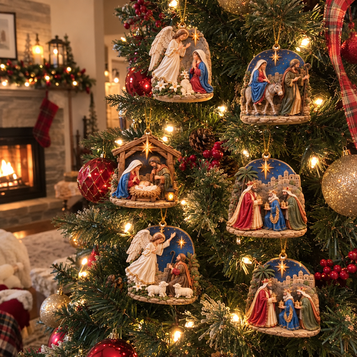 Five unique Nativity Story ornaments hanging on the Christmas tree