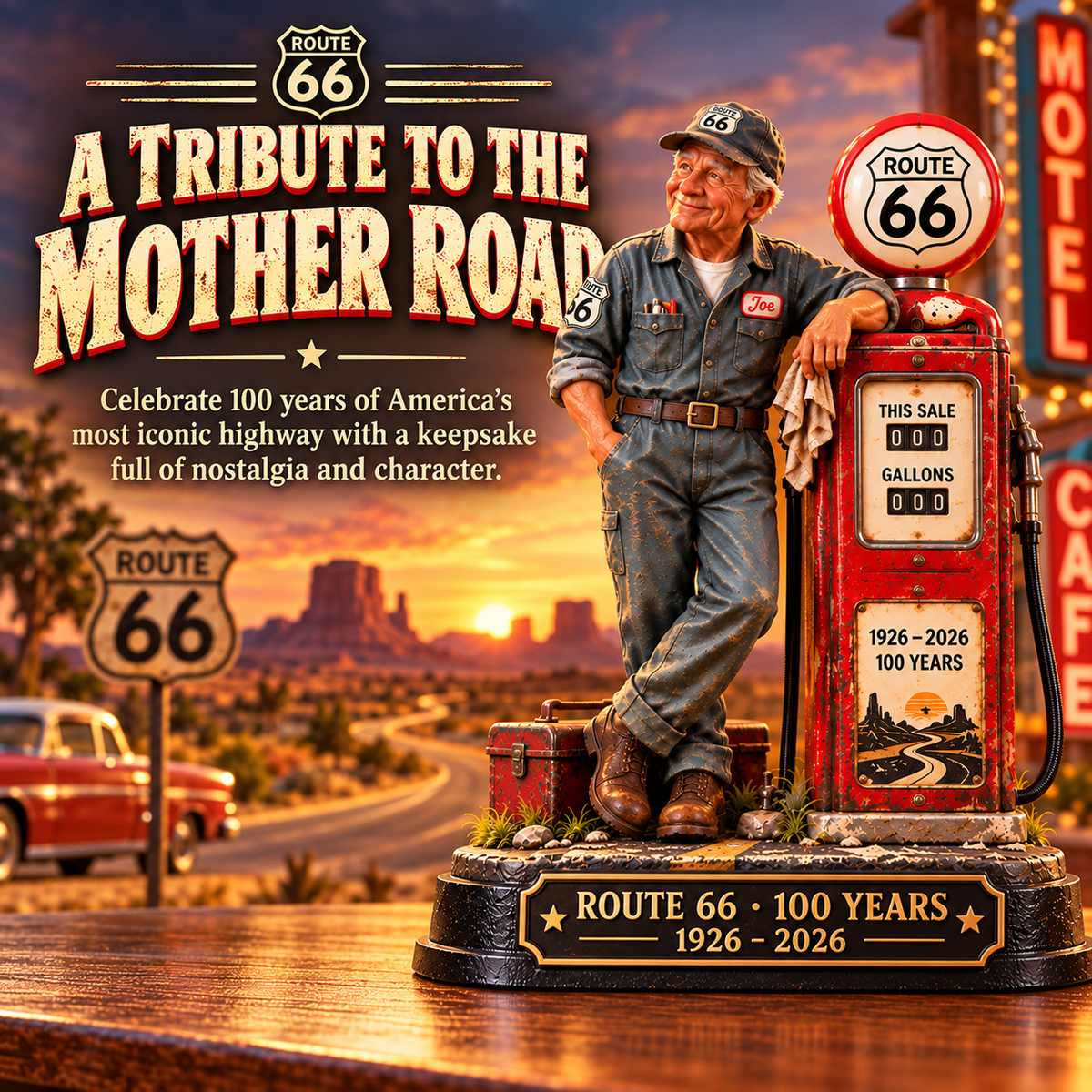 A tribute to the Mother Road with nostalgic roadside figurine