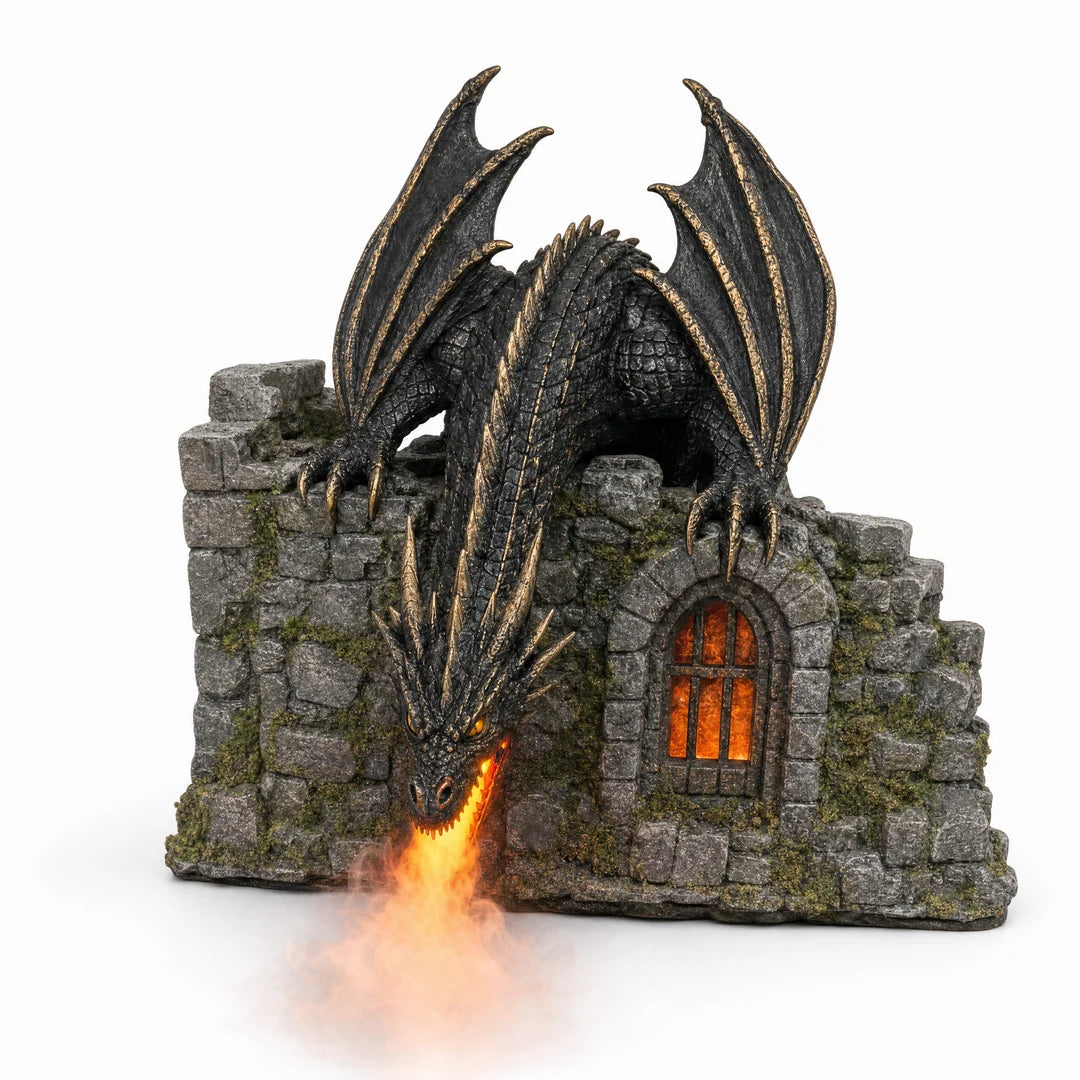 Black dragon over a ruined castle with dramatic fire-like illuminated display