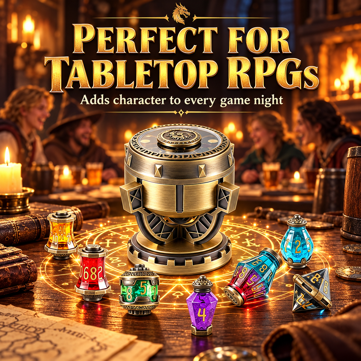 Styled fantasy tabletop RPG scene featuring Dragon's Vault potion dice