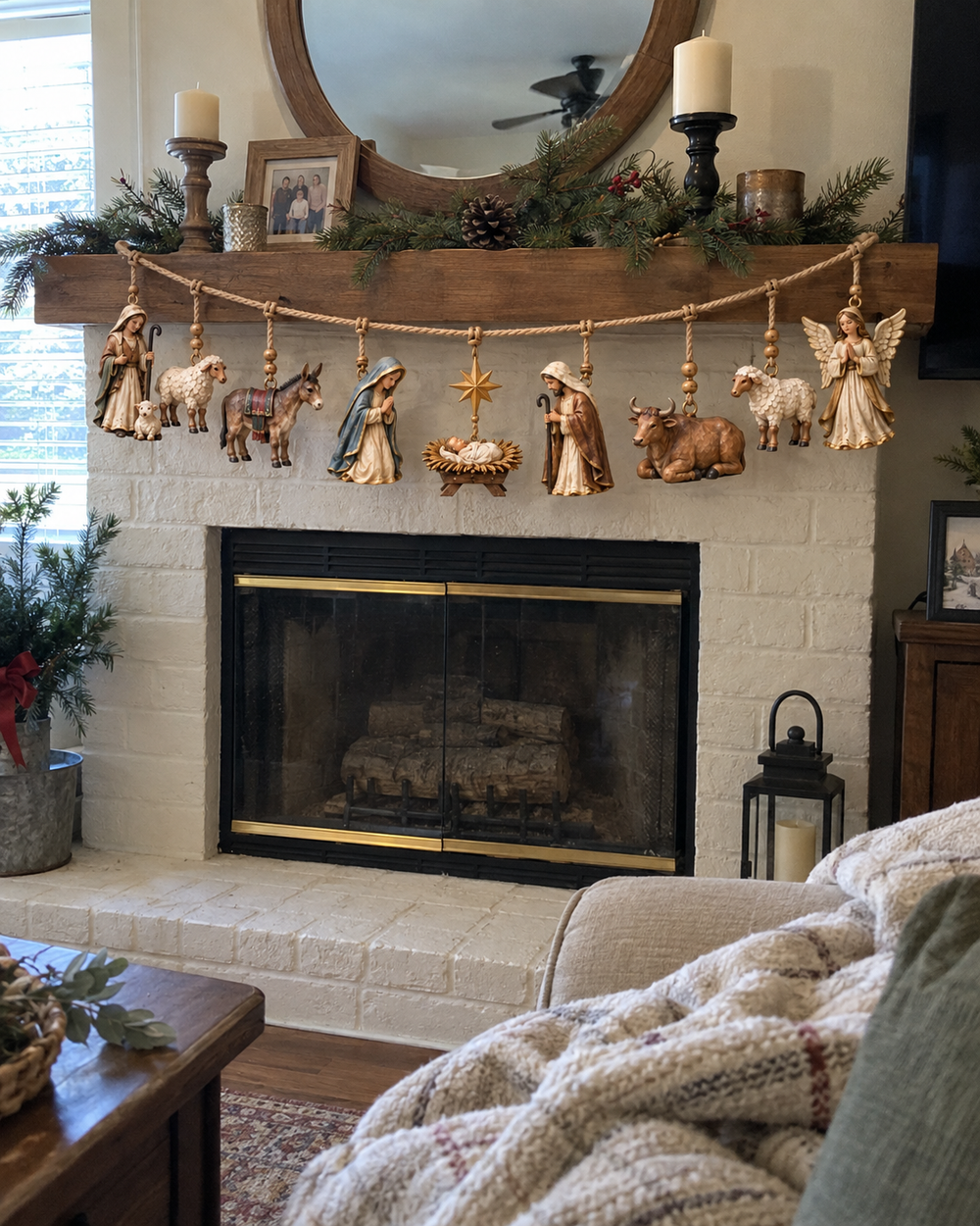 Nativity garland styled in a cozy Christmas living room