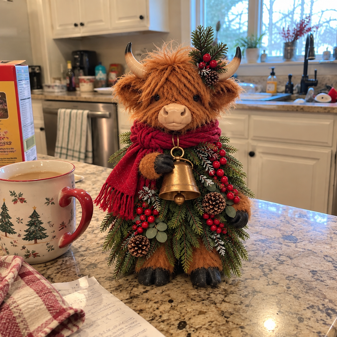Christmas Highland cow styled on a kitchen countertop