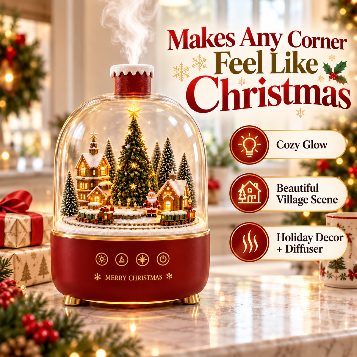 Christmas village diffuser displayed in a festive American family home