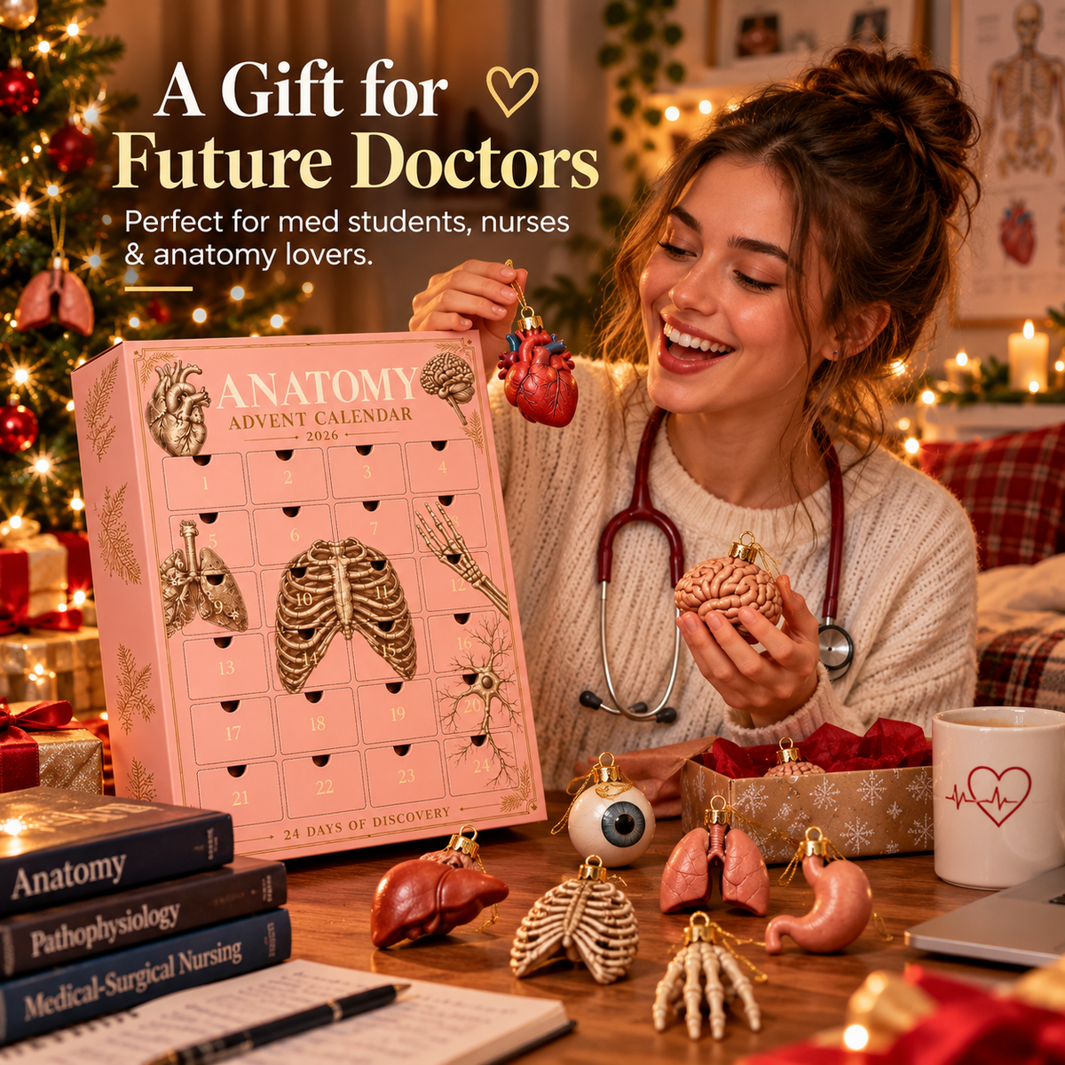 Young medical student smiling at an anatomy advent calendar Christmas gift