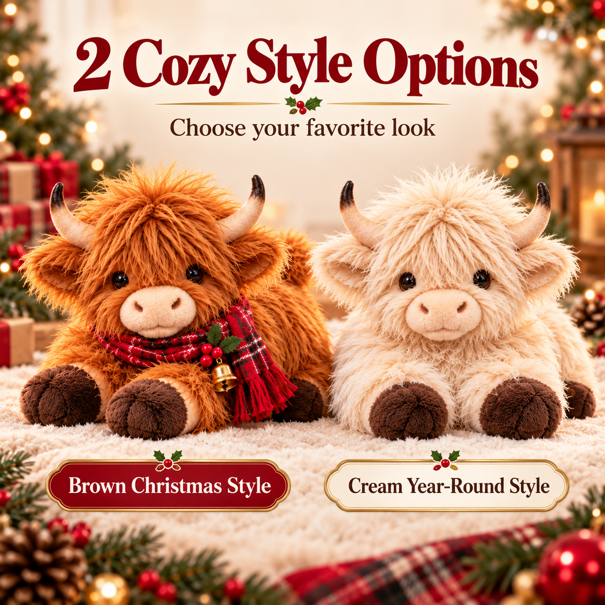 Caramel brown Christmas scarf and cream white classic Highland cow tissue holder options