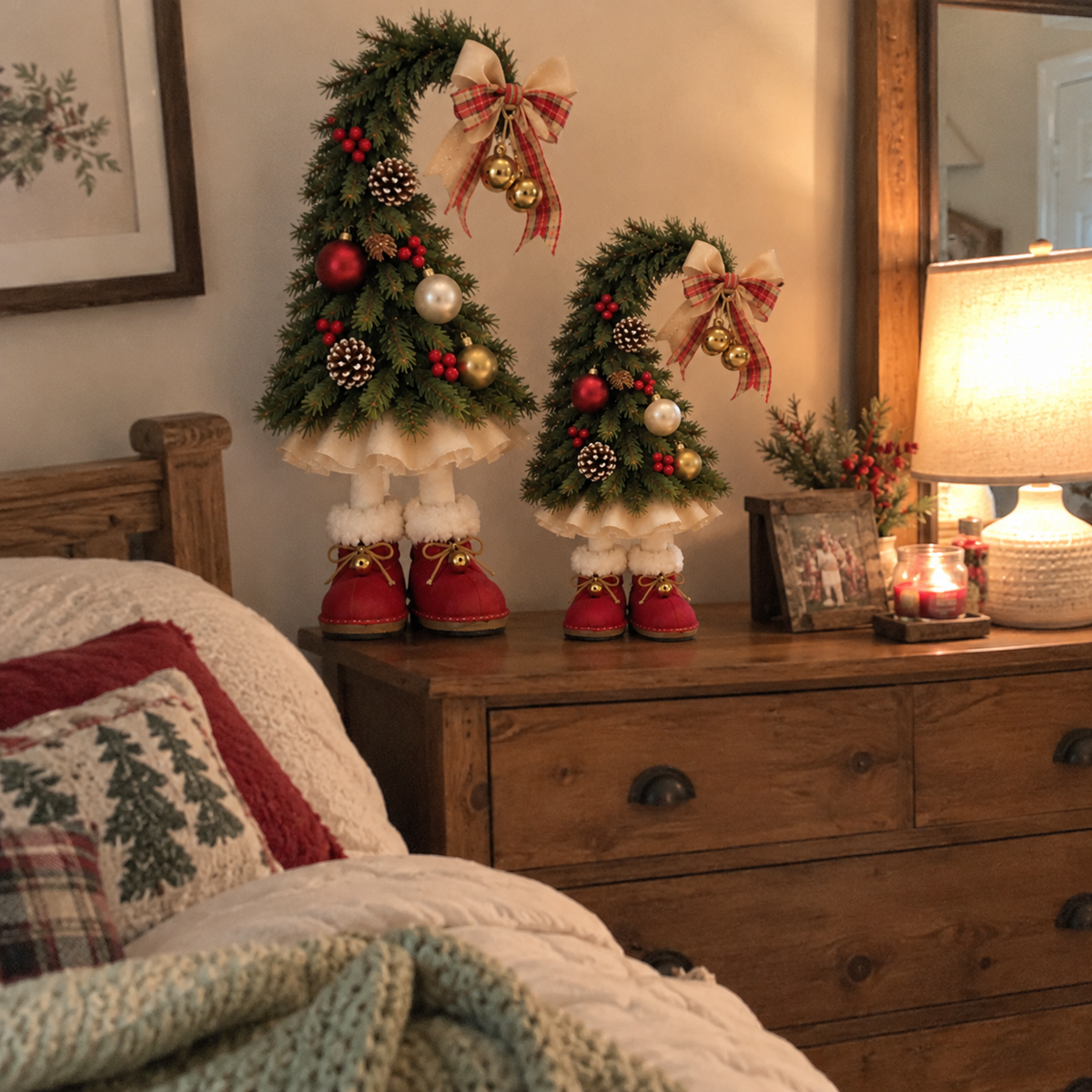 Large and small elf tree decorations styled on a bedroom dresser