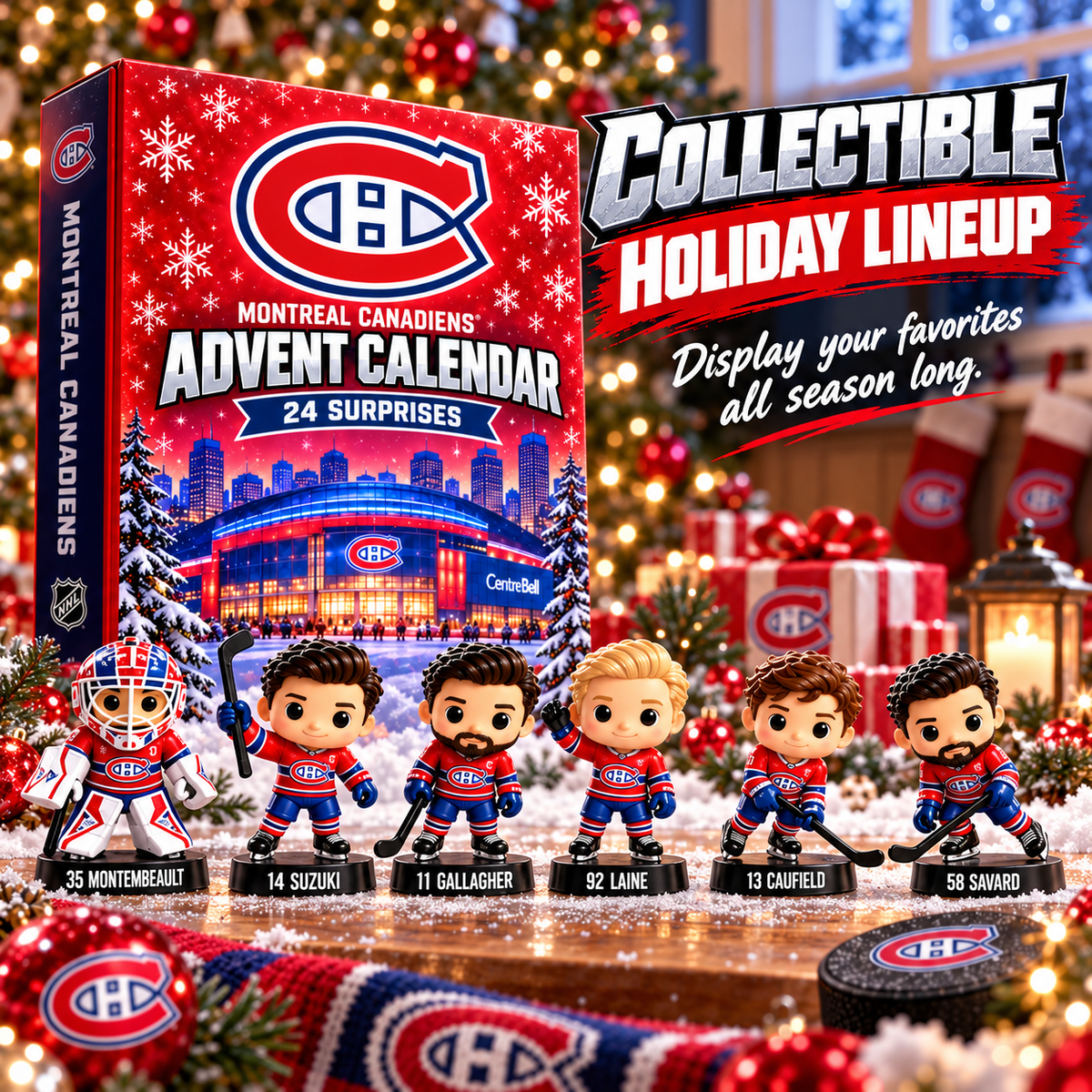 A festive lineup of collectible miniature hockey player figures