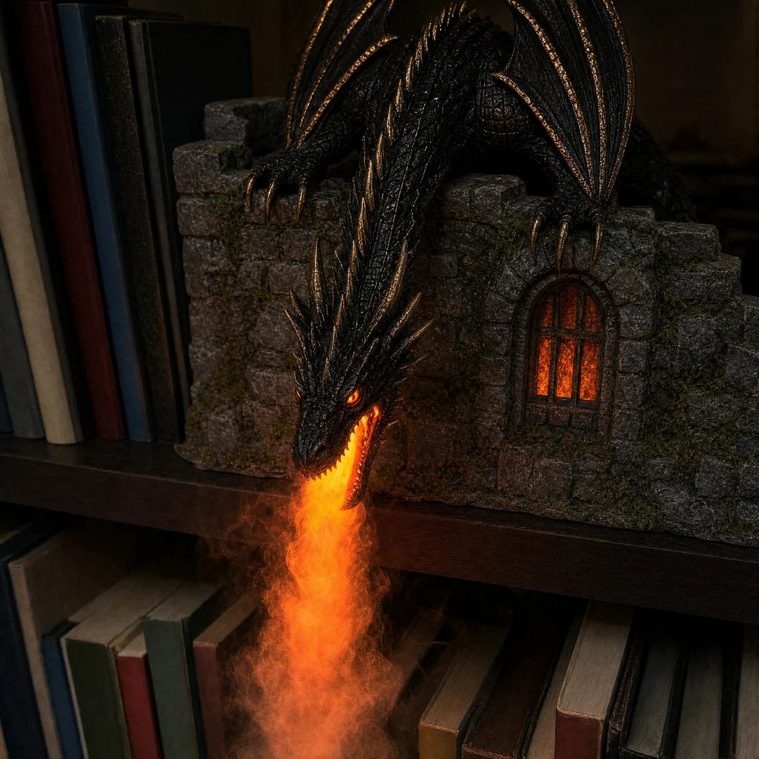 Dramatic dragon castle decoration with orange fire-like lighting on a dark bookshelf