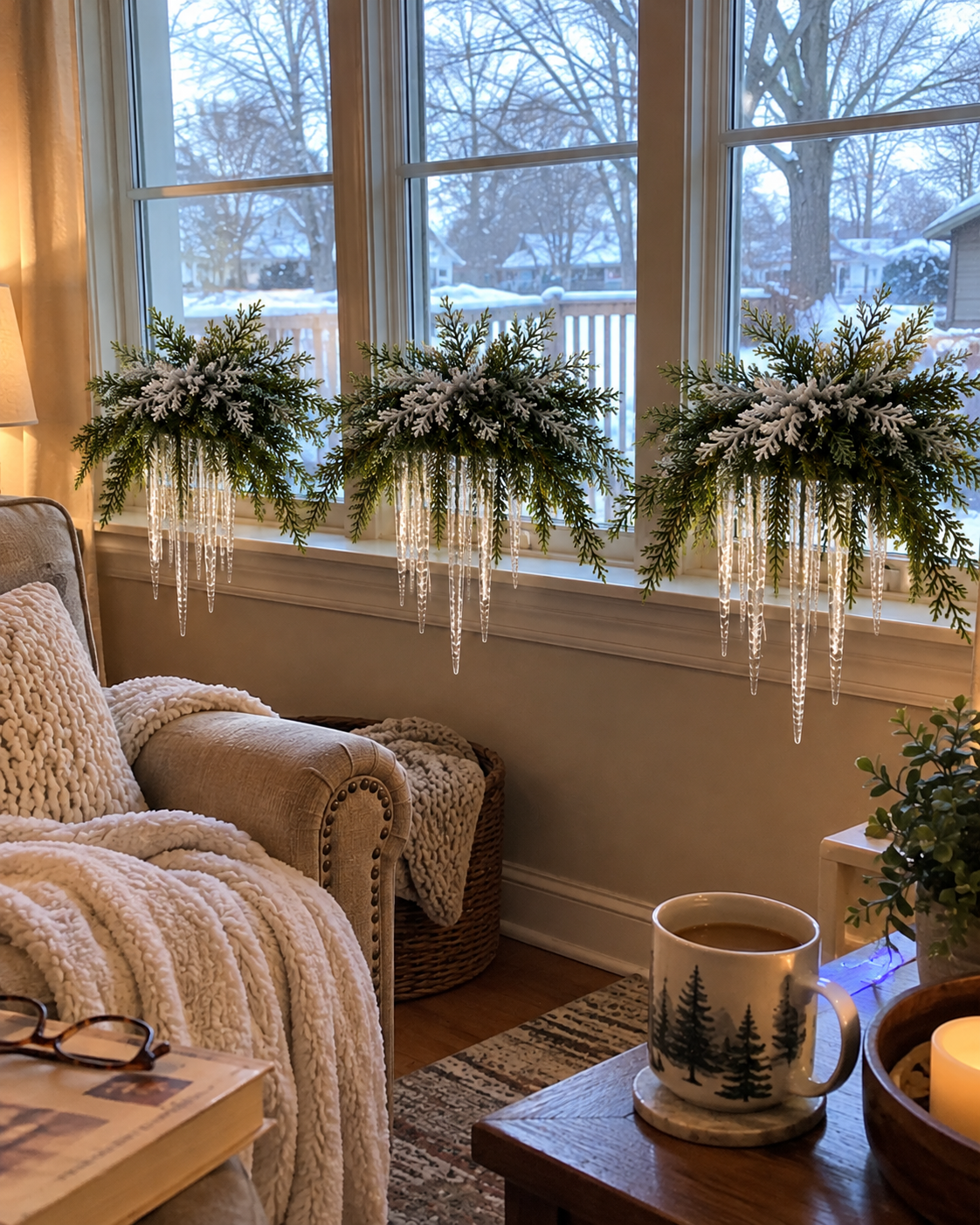 Three winter greenery arrangements in front of a snowy living room window