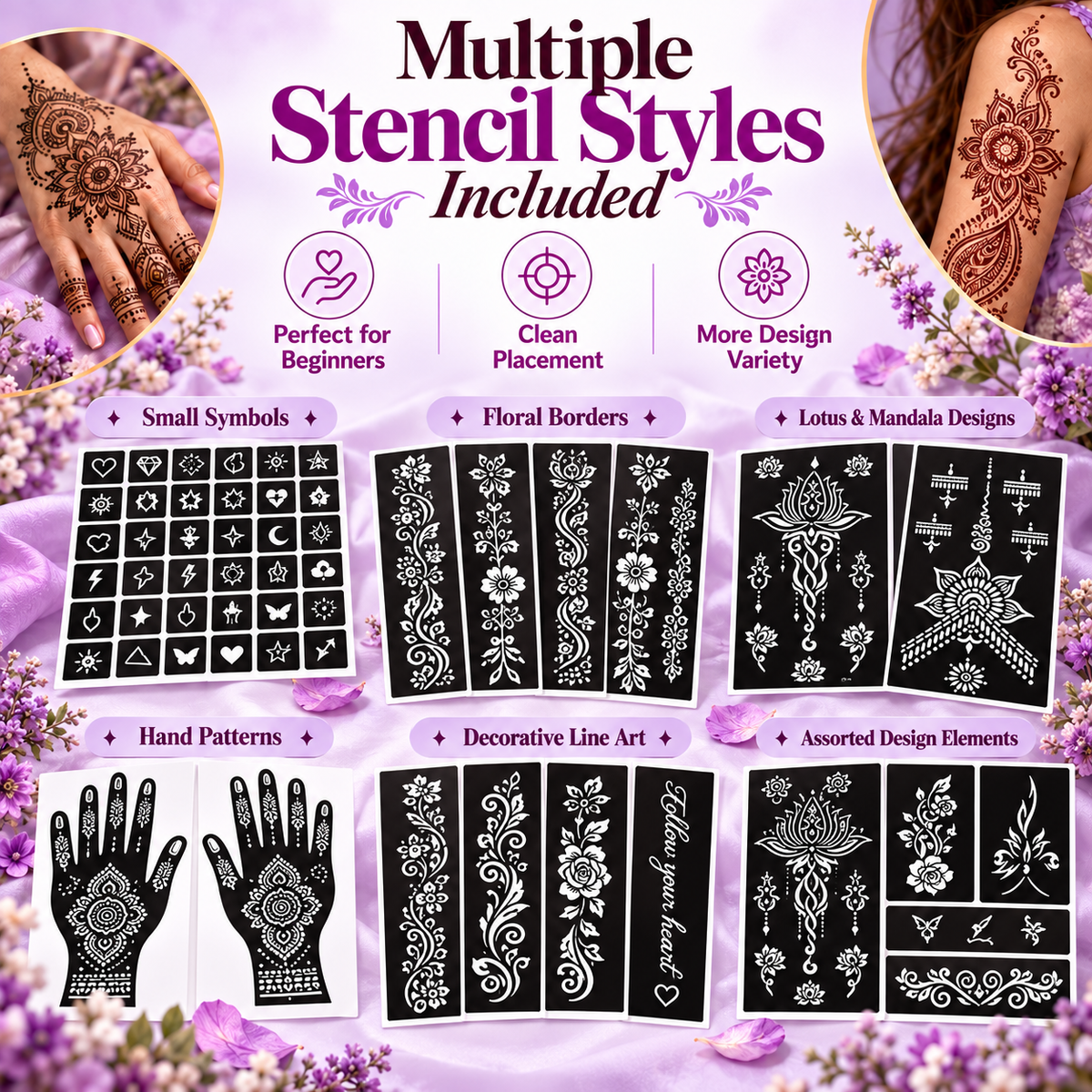 Floral, mandala, symbols and hand pattern stencil designs