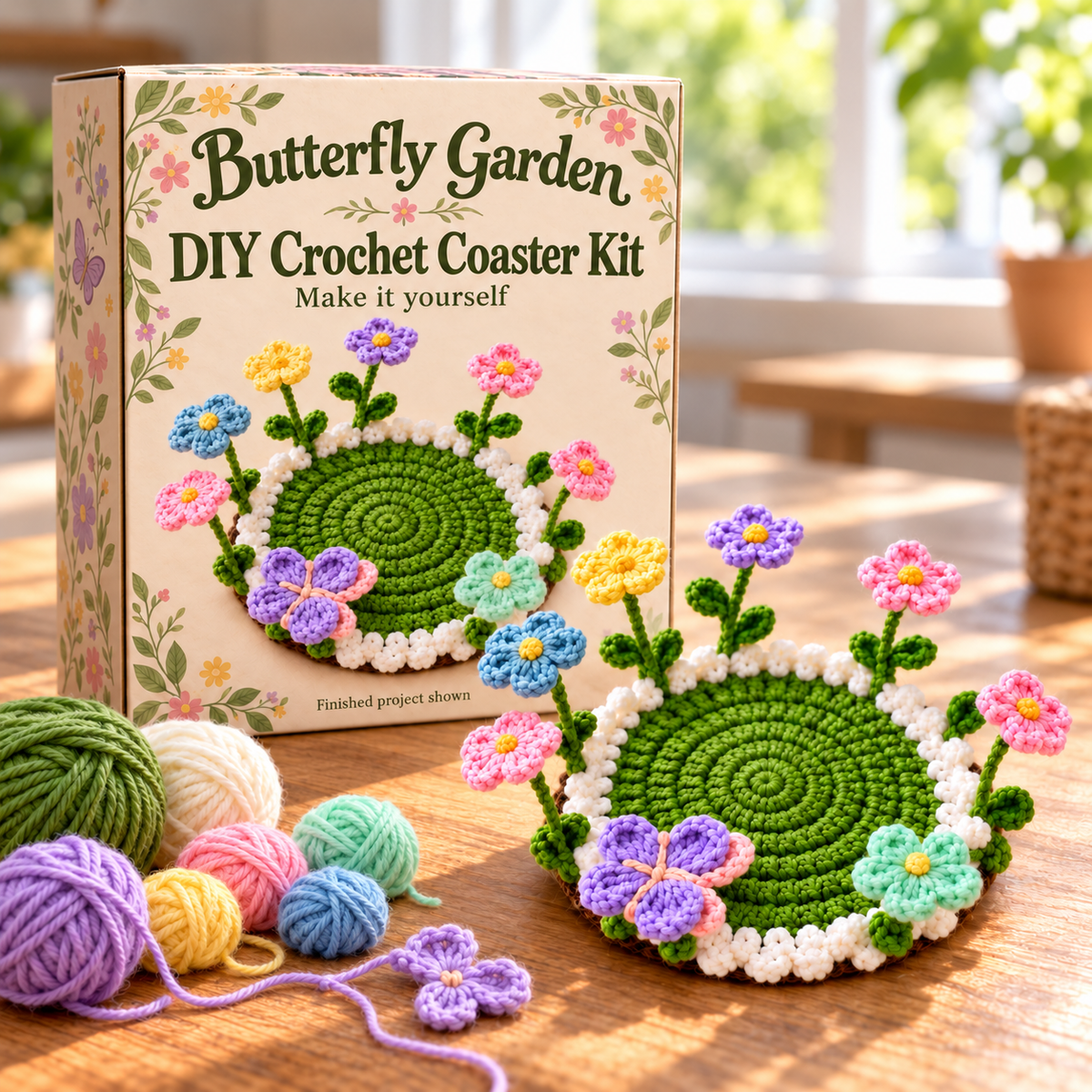 Butterfly Garden DIY crochet kit box yarn and finished floral coaster