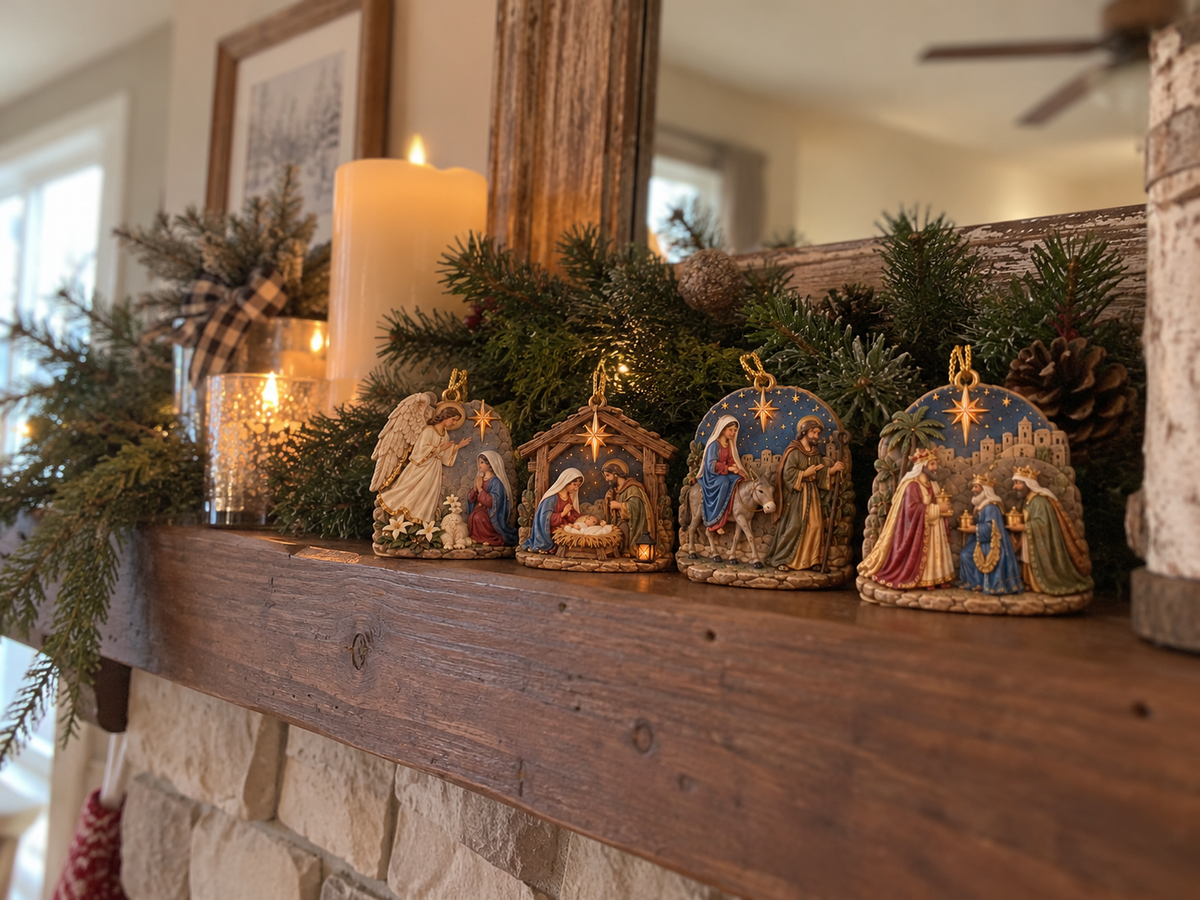Close-up of Mary and Joseph on the journey to Bethlehem ornament