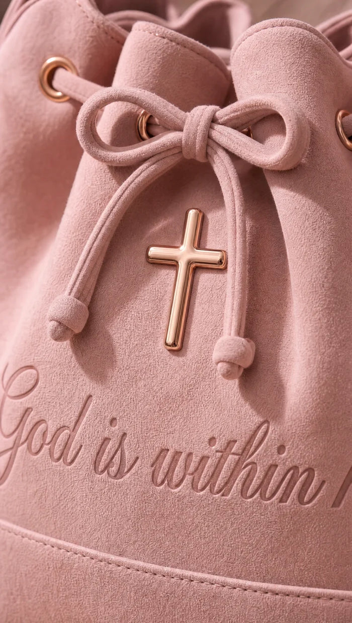 Closeup of bow, gold cross and God is within her lettering