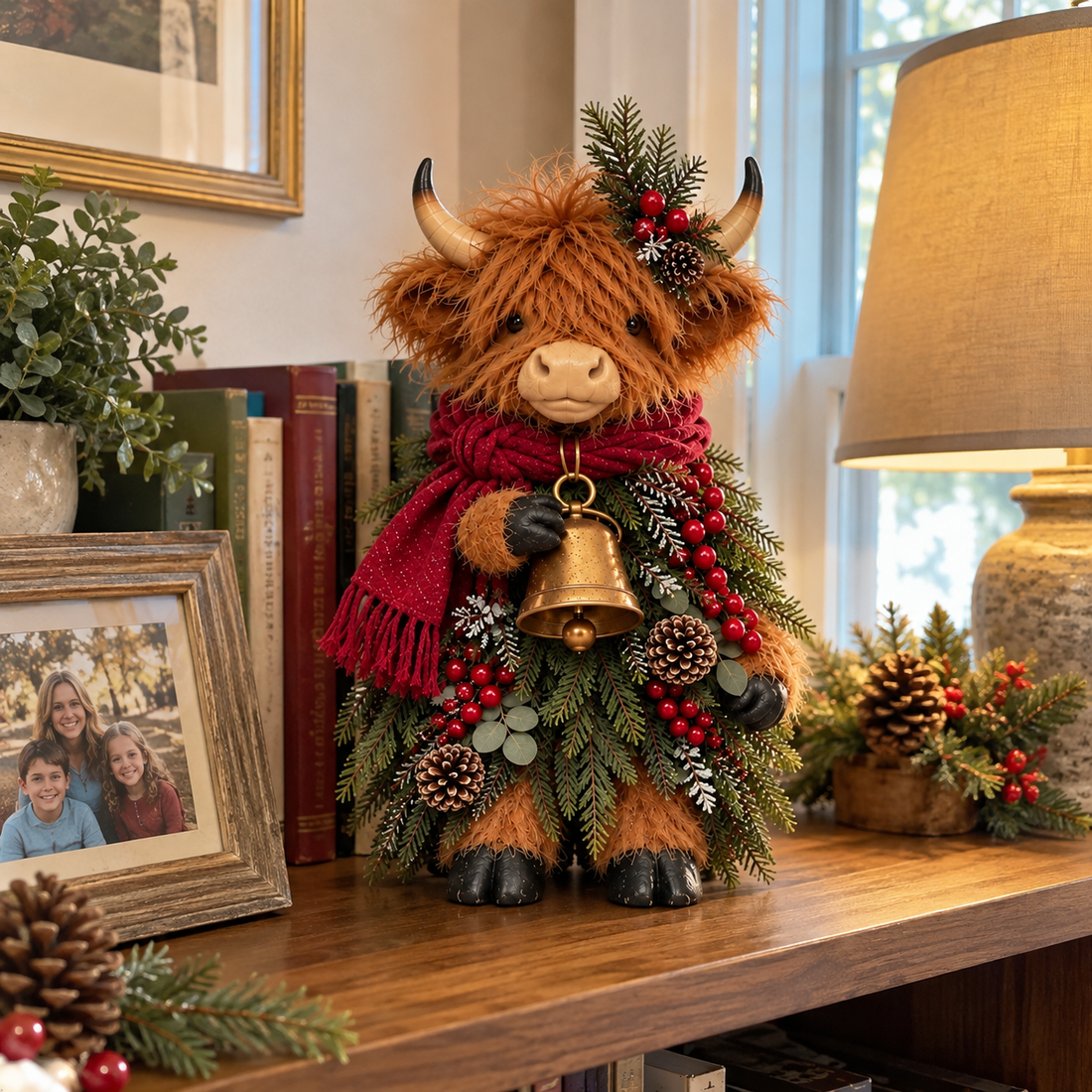 Holiday cow on bookshelf beside family portrait