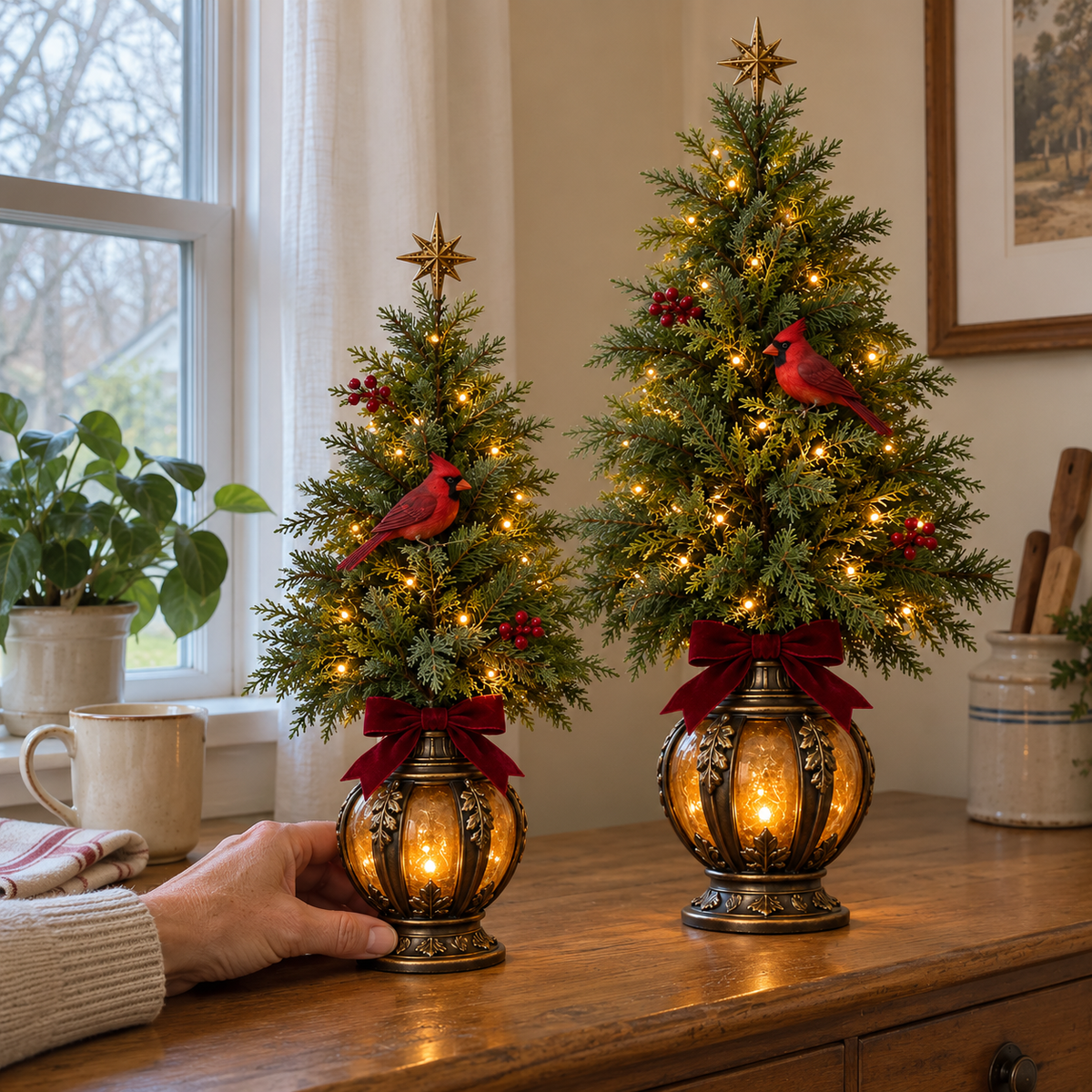 Tall and small Cardinal Lantern Christmas trees with warm lights