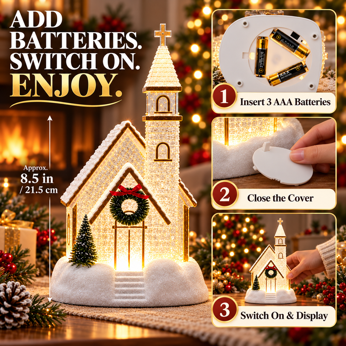 Instructions for inserting three AAA batteries into the Christmas church light