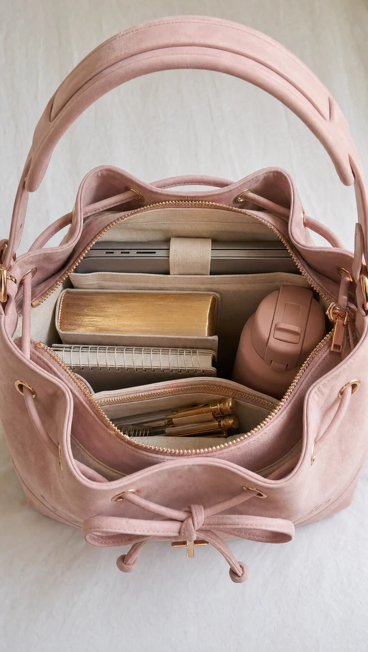 Open handbag displaying inner compartments and everyday belongings