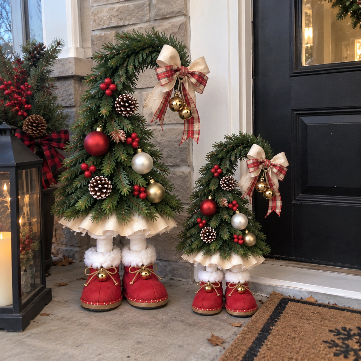 Two festive elf trees placed by a covered front doorway