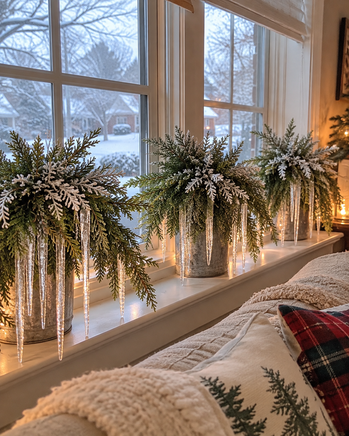 Three winter icicle centerpieces along a snowy window beside an armchair