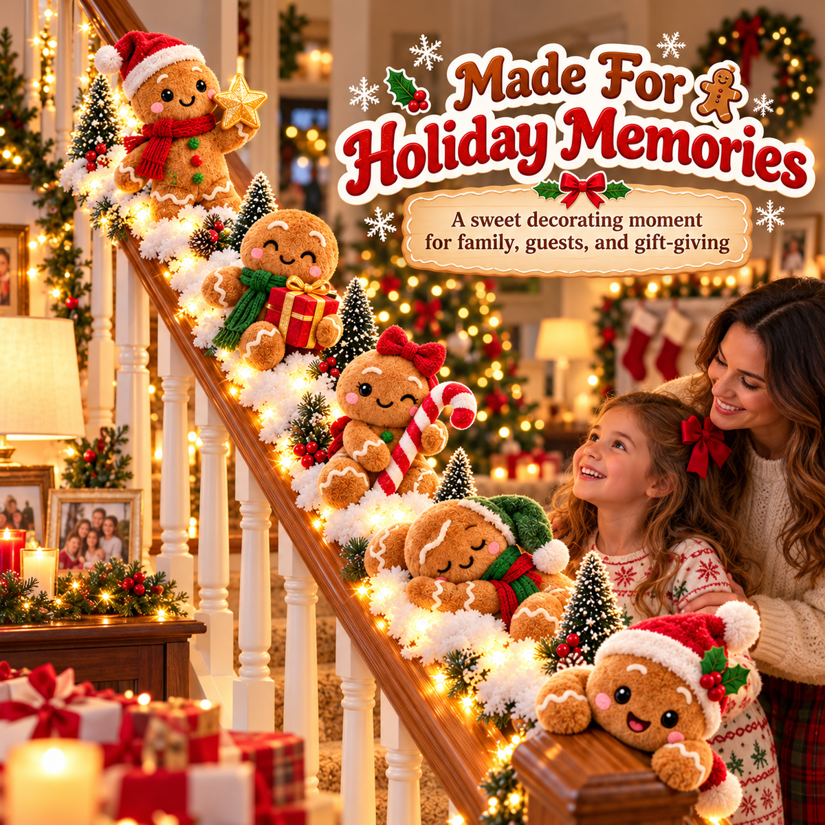 A family enjoying gingerbread Christmas banister decorations in a cozy home