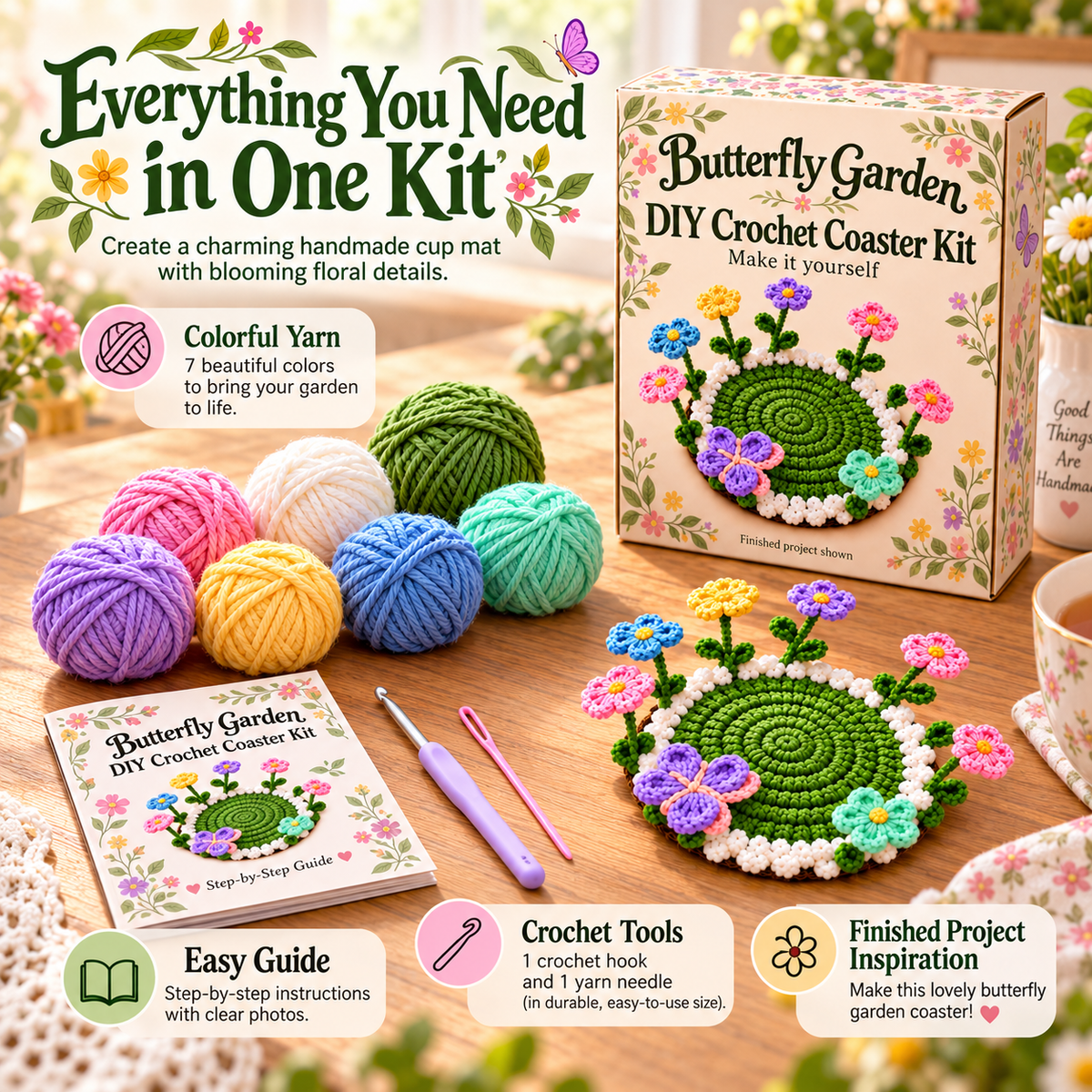 Crochet kit materials including yarn tools and printed guide