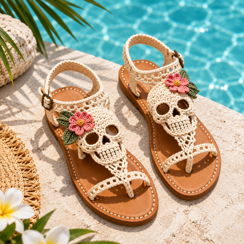 Skull sandals in a sunlit bohemian home setting
