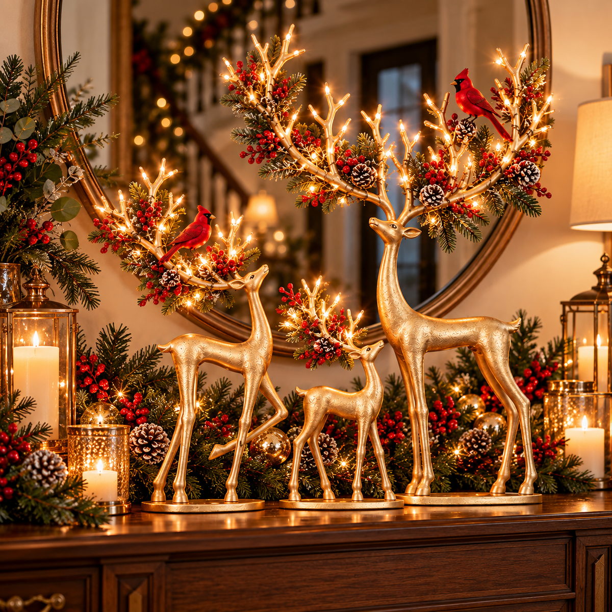 Gold Christmas reindeer trio in a festive home setting