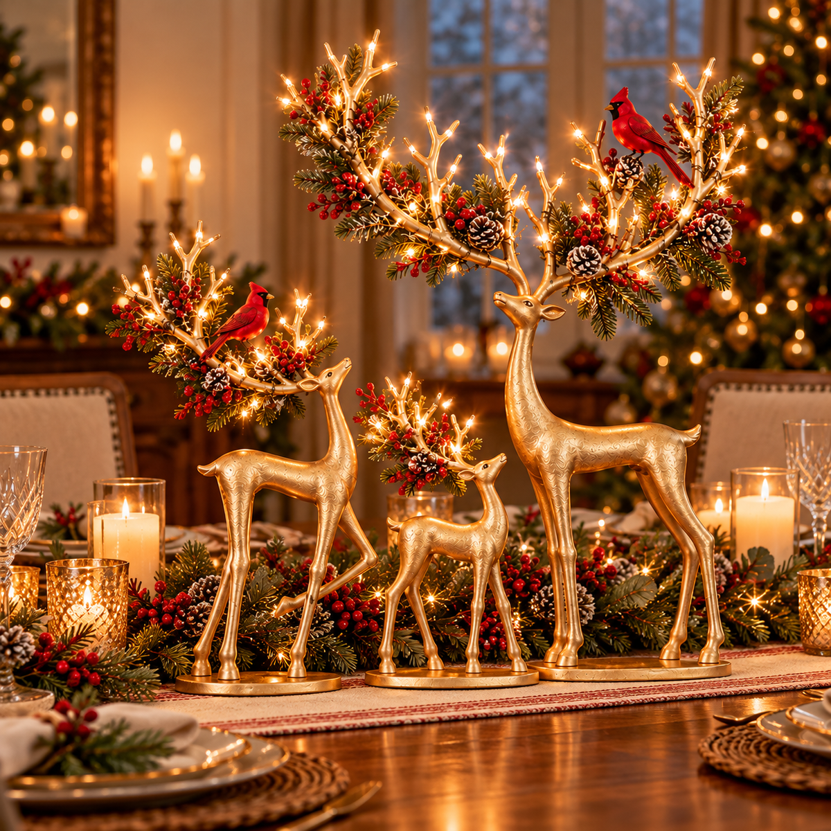 Gold Christmas reindeer trio in a festive home setting