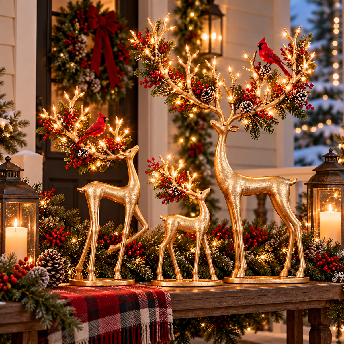 Gold Christmas reindeer trio in a festive home setting