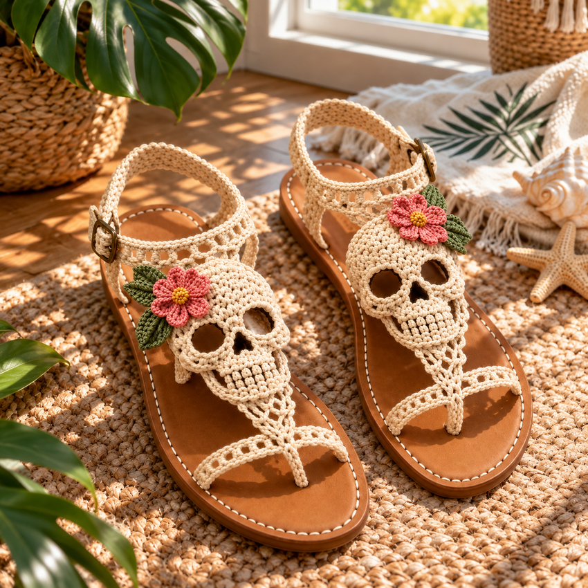 Skull floral sandals photographed by a pool