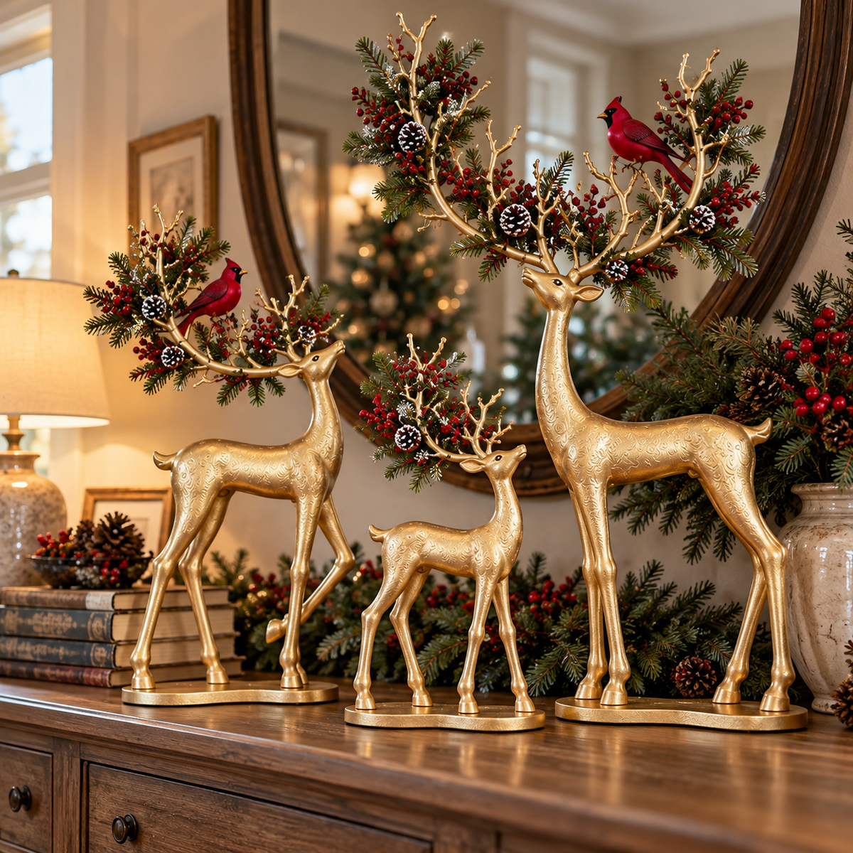 Unlit golden reindeer trio on a wooden console