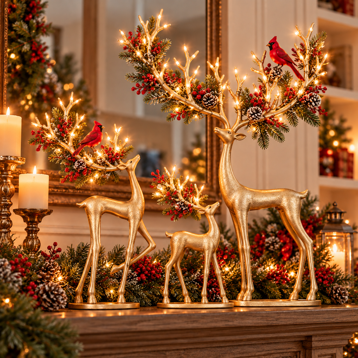 Gold Christmas reindeer trio in a festive home setting