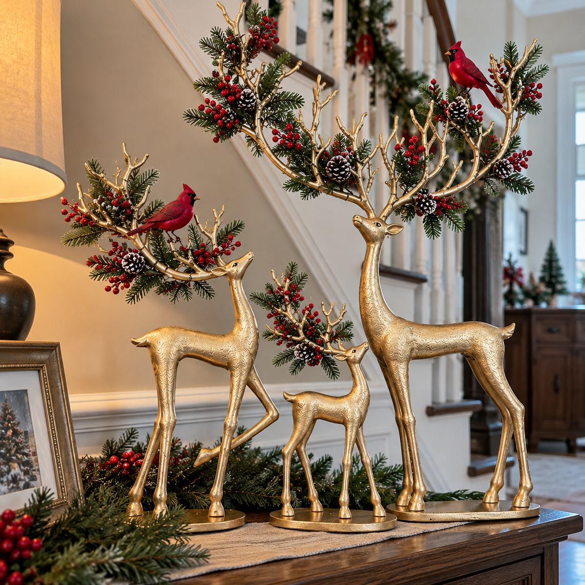 Gold Christmas reindeer trio in a festive home setting
