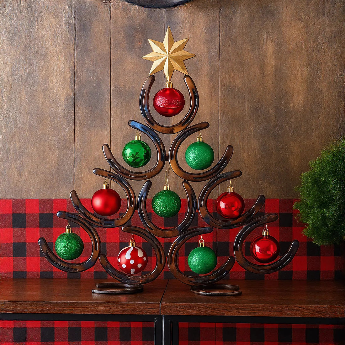 Horseshoe Christmas tree on console surrounded by warm holiday lights