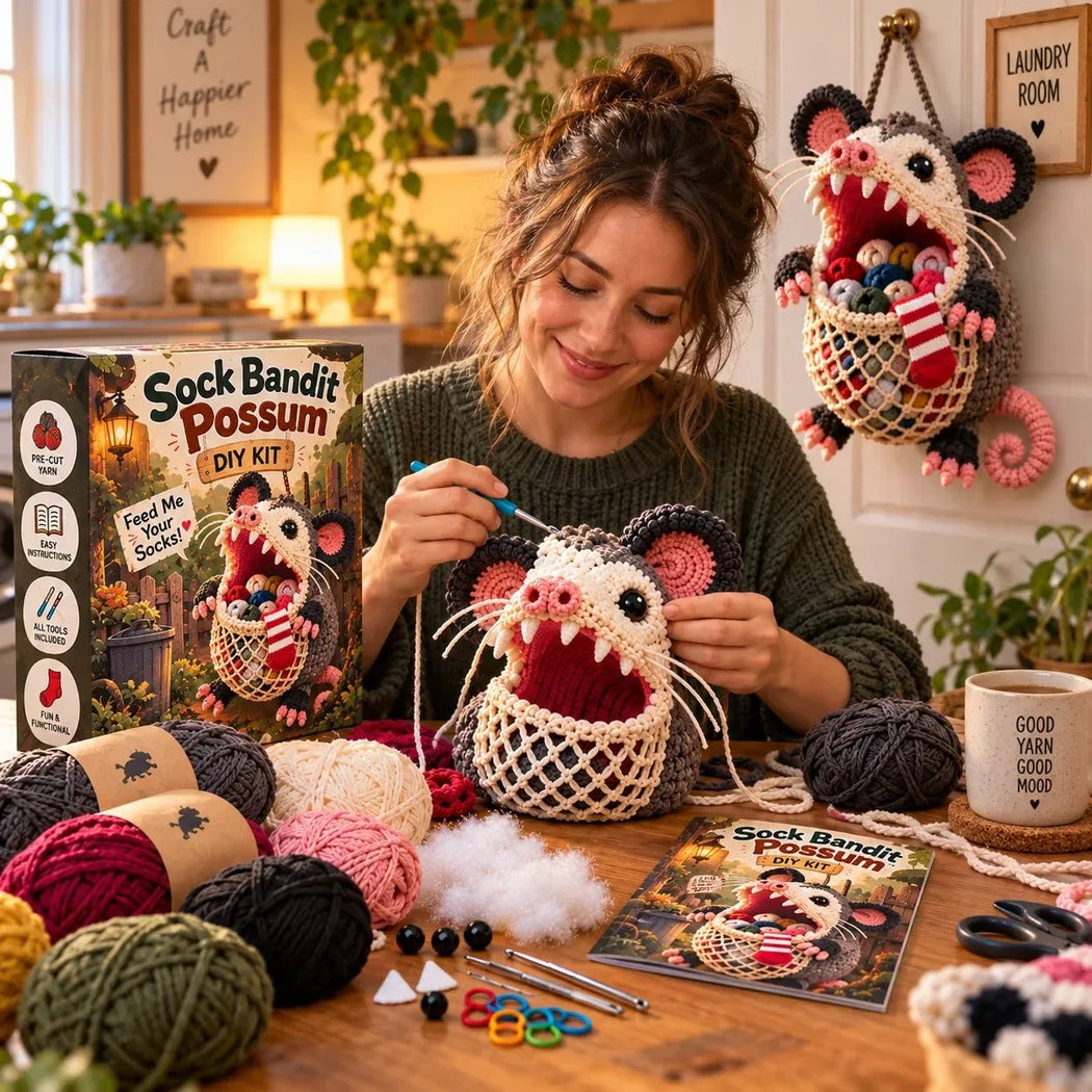 Crochet kit packaging and finished hanging sock holder