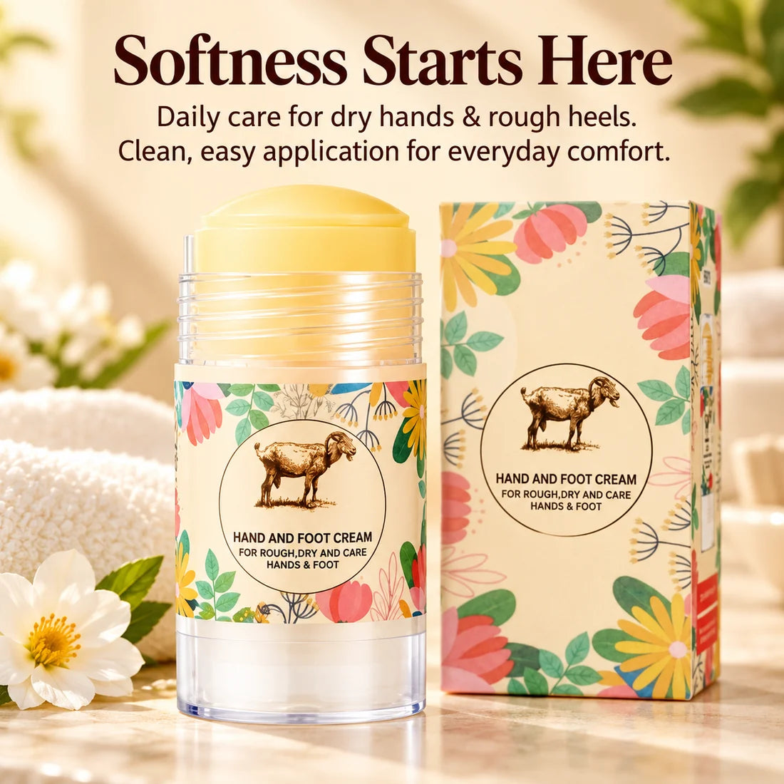 Floral moisturizing balm stick with matching outer box for hand and heel care