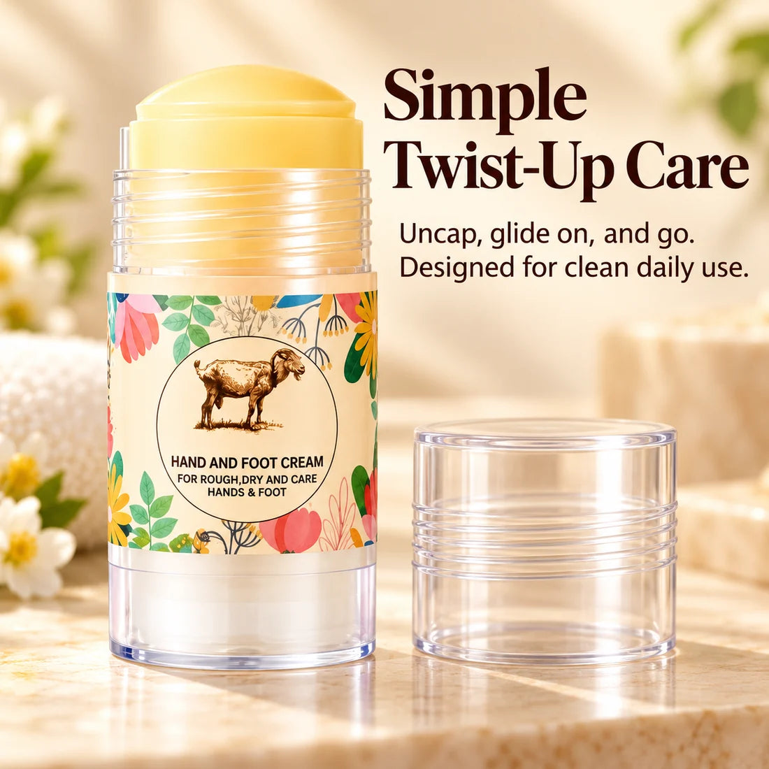 Open balm stick with its clear protective lid next to it