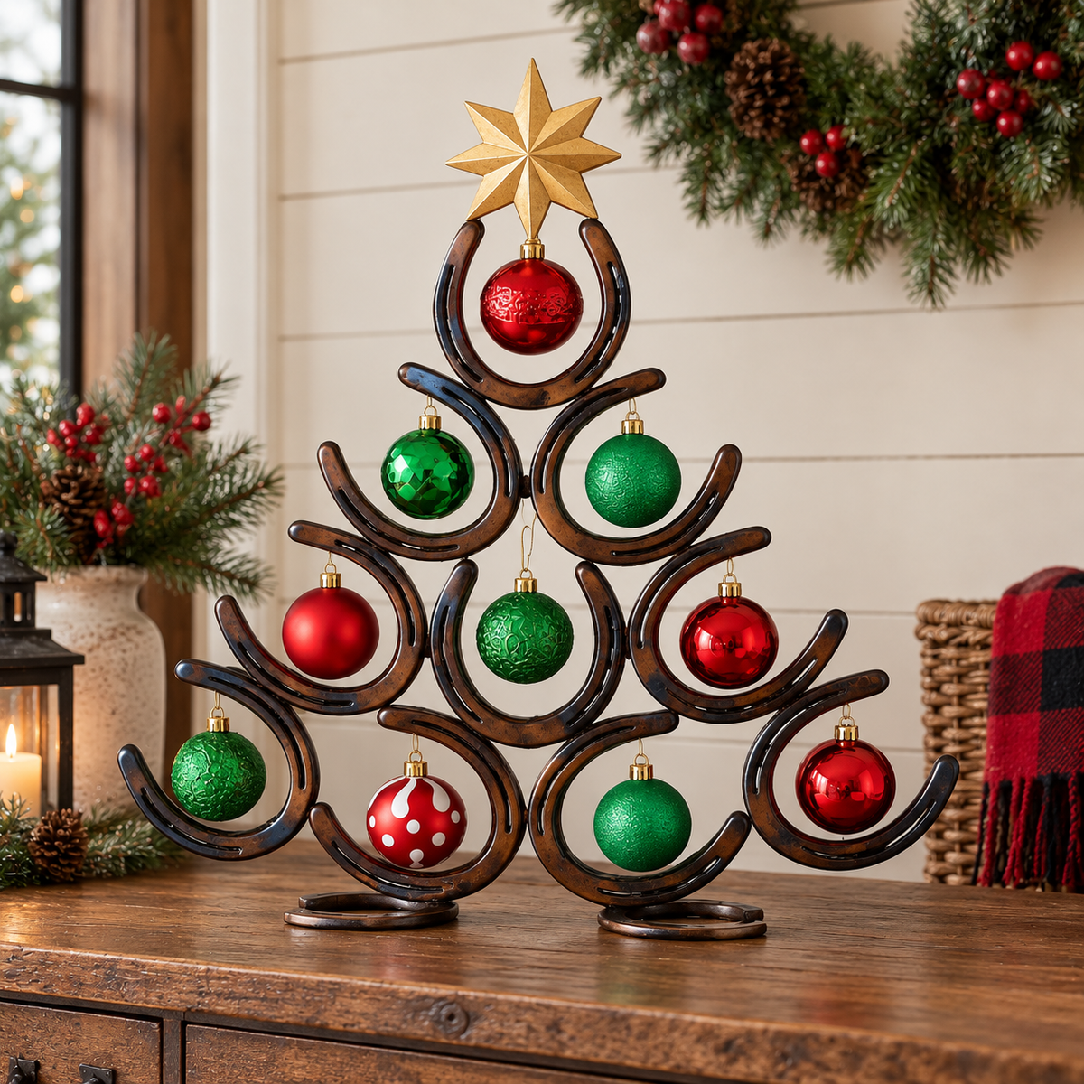 Horseshoe lucky Christmas tree with gold star and red green ornaments