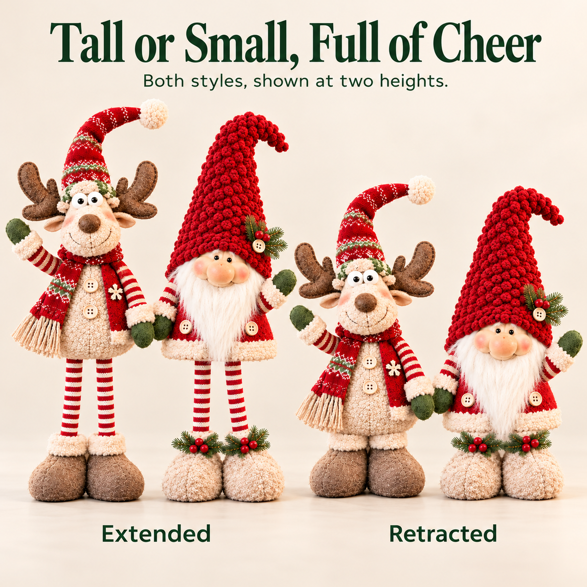 Extended gnome and compact reindeer showing adjustable legs