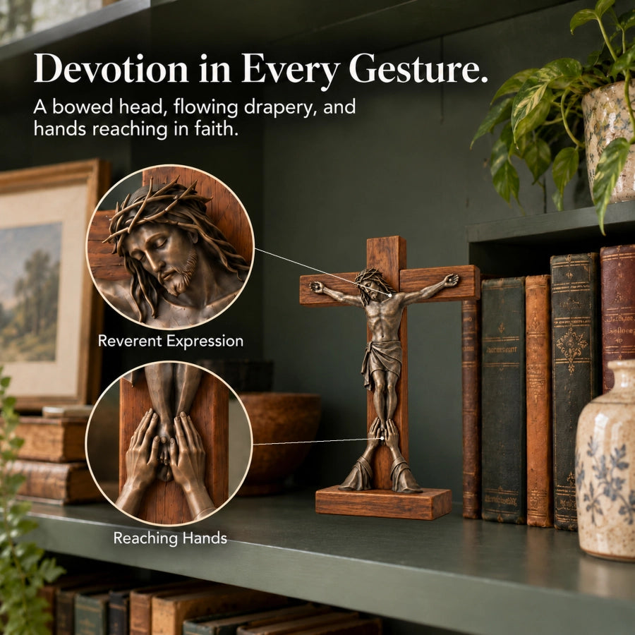 Crucifix on a bookshelf with close views of the face and reaching hands