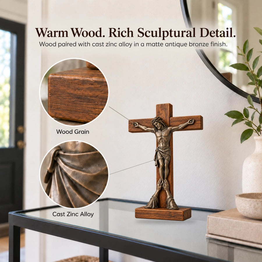 Wood grain and cast zinc alloy details in an antique bronze finish