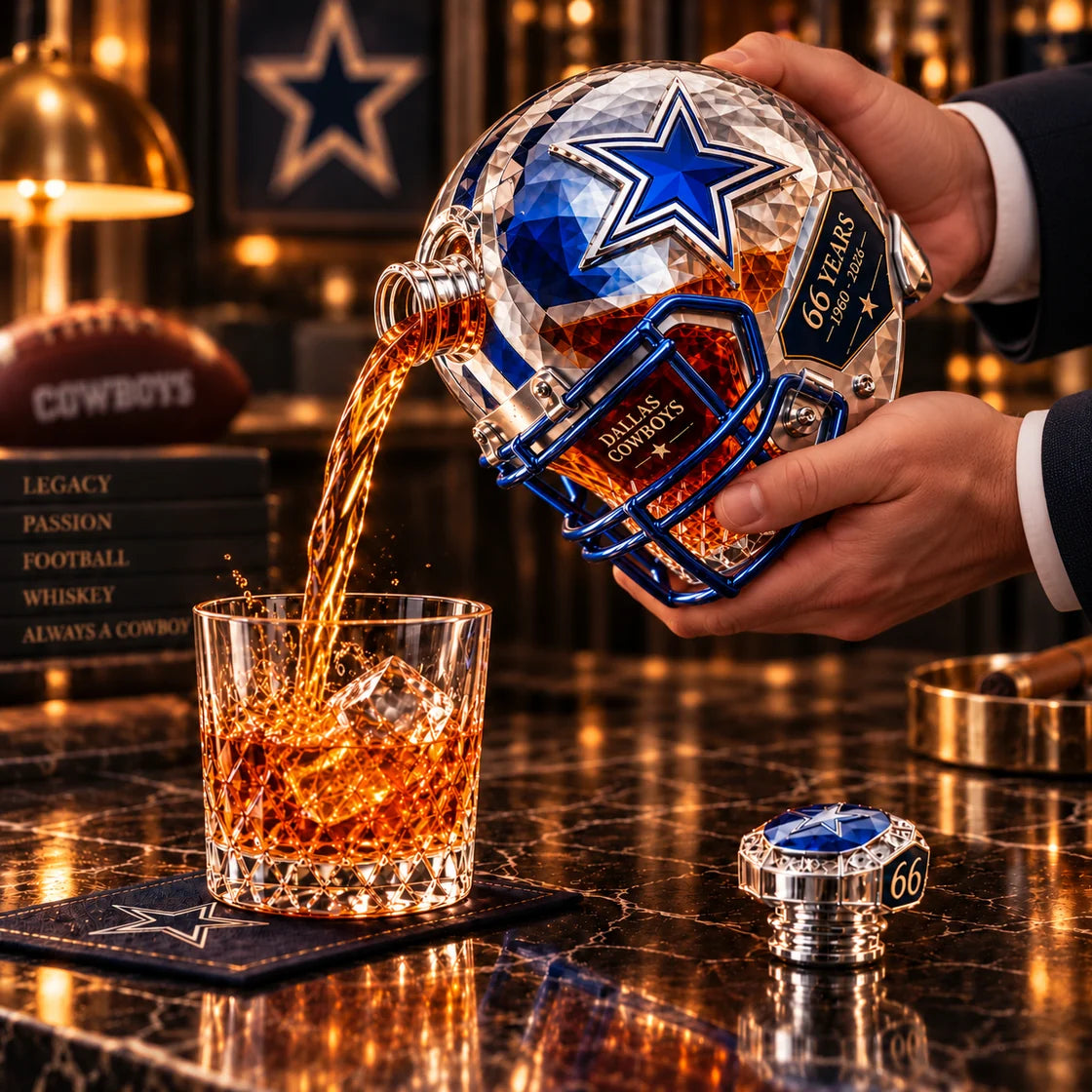 Hands pouring an amber drink from the helmet-shaped decanter into a crystal glass